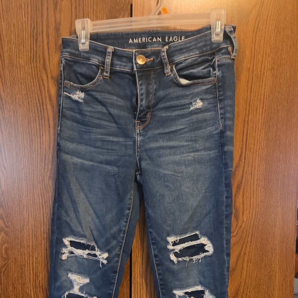American Eagle Outfitters Women's Dark Blue Ripped Skinny Jeans